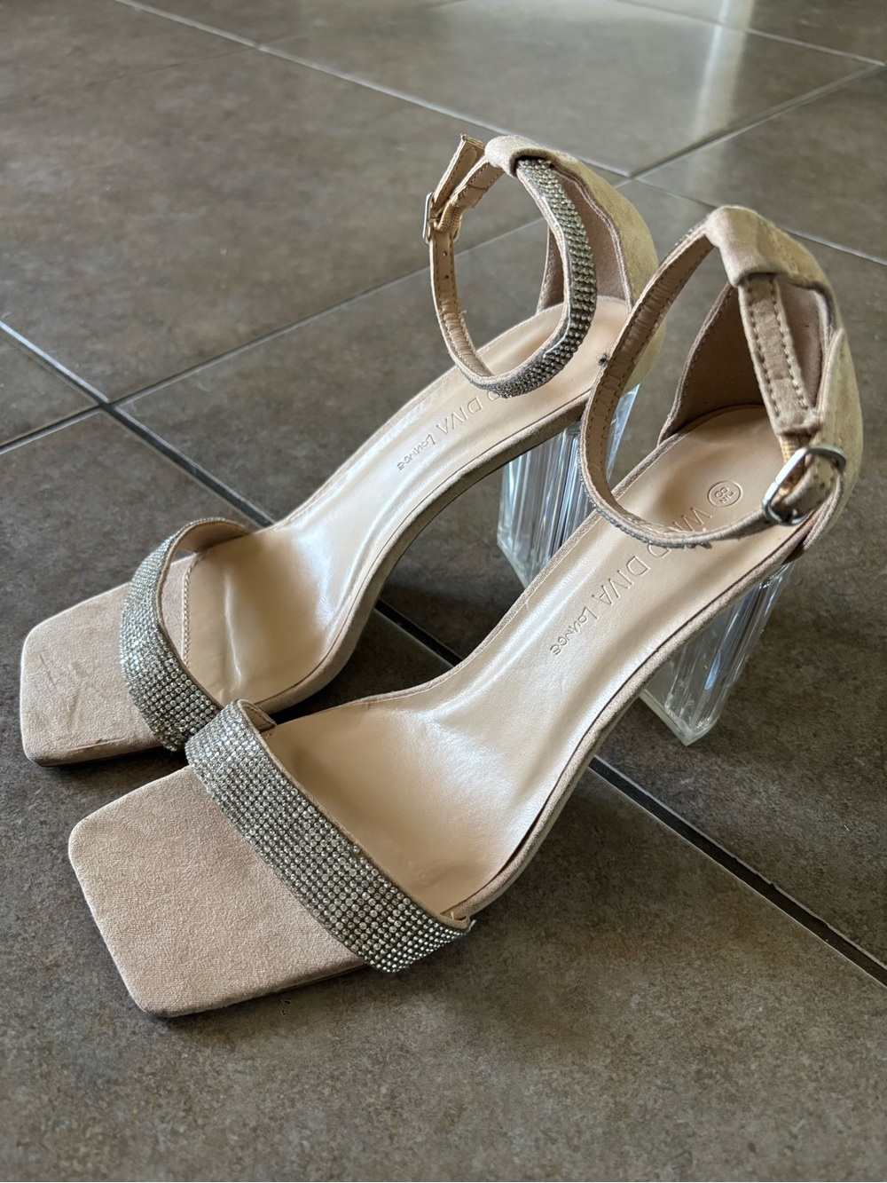Wild Diva Nude Rhinestone Ankle-Strap Block Heels